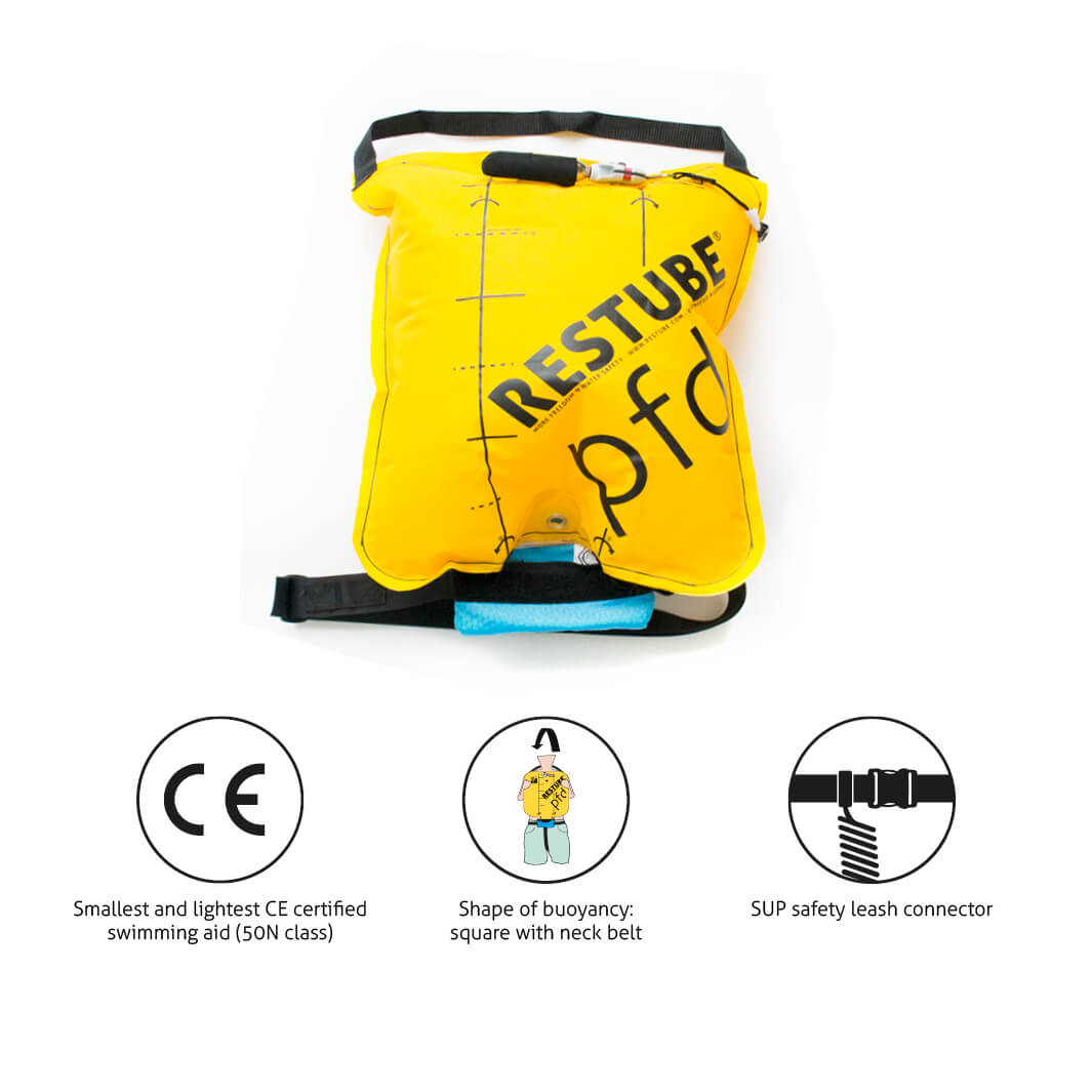 Aufgeblasene Restube pfd mit Icons Smallest and lightest CE certified swimming aid, square the neck belt, SUP safety leash connector