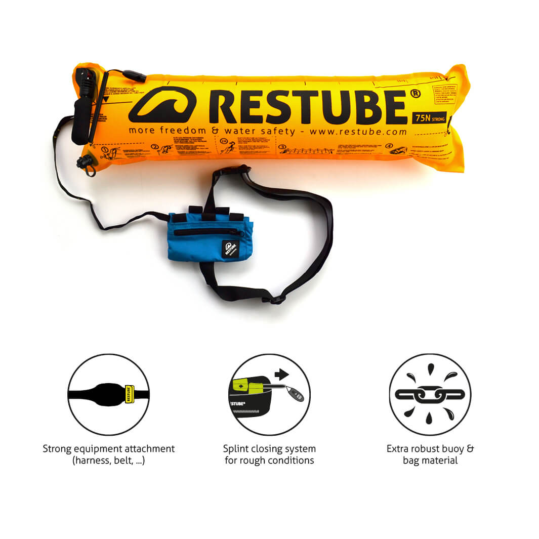 Aufgeblasene Restube extreme und Icons Strong equipment attachment (harness, belt,...), Splint closing system for rough conditions, Extra robust buoy & bag material  